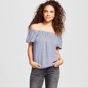 Mossimo Y2K Target Navy Blue Gingham Plaid Picnic Off the Shoulder Blouse Small